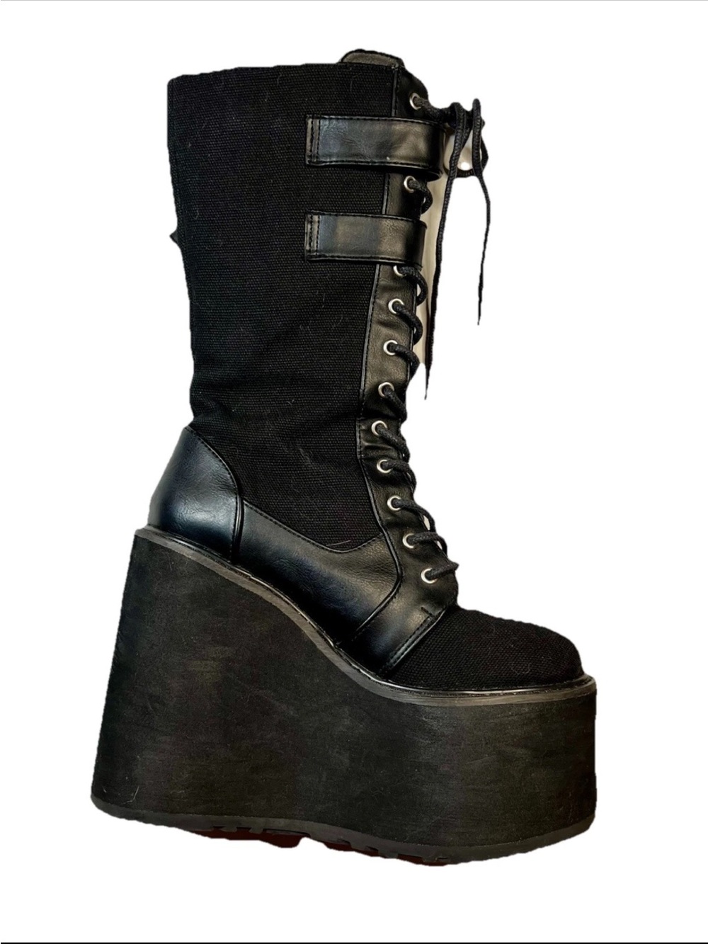 Demonia Swing-221 Canvas Wedge Platform Lace-Up Knee High Boots 8M - Picture 3 of 14